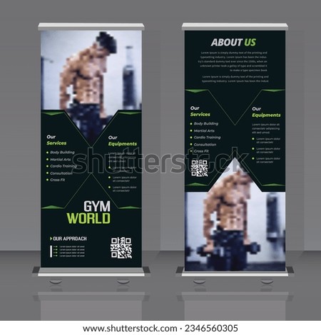 Design of vertical black and white vector roll-up banner with rhombuses for photos. Template for business and advertising, a sample for the gym.