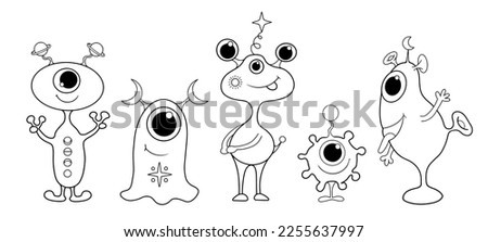 Coloring book for children and adults. Set of cute aliens. Creative characters. Children's black and white illustration.