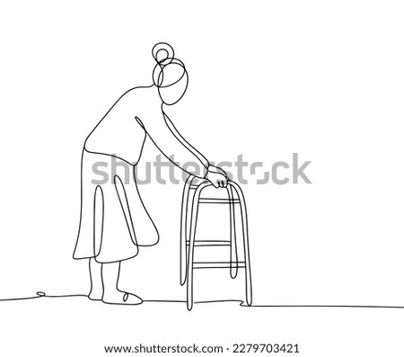 Grandmother walks leaning on a walker. Walk of an elderly person. One line drawing for different uses. Vector illustration