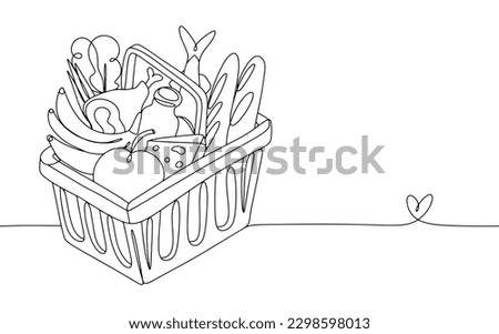 Grocery basket with a set of food. Essential healthy food. Grocery set from the supermarket. World Food Safety Day. One line drawing for different uses. Vector illustration.