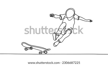 The guy performs a trick on a skateboard. Skateboarding. Go Skateboarding Day. One line drawing for different uses. Vector illustration.