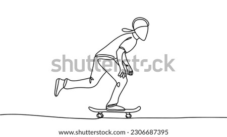 The guy rides forward on a skateboard. Pushes off with his foot and rides. Go Skateboarding Day. One line drawing for different uses. Vector illustration.