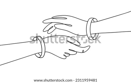Two hands are extended to each other. White bracelet on the wrist. Control bracelet. One line drawing for different uses. Vector illustration.