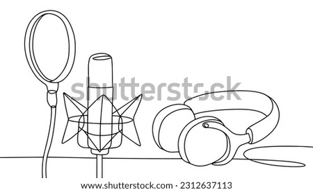 Recording studio equipment. Microphone, headphones and pop filter. International Dubbing Day. One line drawing for different uses. Vector illustration.