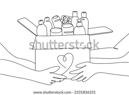 A volunteer gives a humanitarian kit to a person. World Humanitarian Day. One line drawing for different uses. Vector illustration.