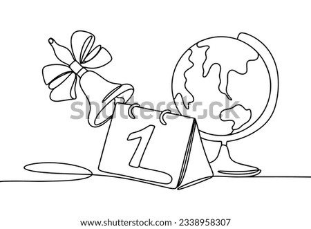 Desk calendar with the date september 1st. Near the globe and bell. Celebration of the beginning of the school year. International Literacy Day. One line drawing for different uses. Vector illustratio