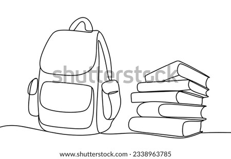 School backpack and a stack of textbooks. Symbol of learning and education. One line drawing for different uses. Vector illustration.