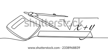 Algebra and geometry. Subjects for the study of mathematics. Calculator, ruler and compass. Knowledge Day. International Literacy Day. One line drawing for different uses. Vector illustration.