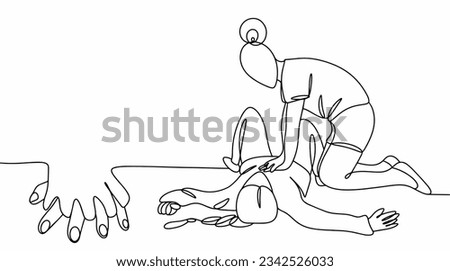 A woman makes an indirect heart massage to the victim. World First Aid Day. One line drawing for different uses. Vector illustration.