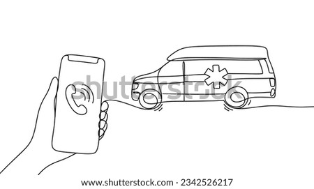 A man calls an ambulance by phone. Providing urgent medical care. World First Aid Day. One line drawing for different uses. Vector illustration.