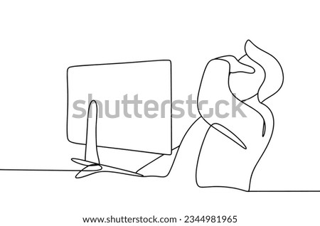 The programmer works at the computer. The man holds his head and thinks. Programmers Day. One line drawing for different uses. Vector illustration.
