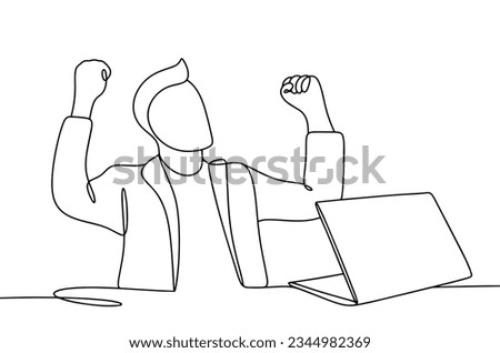 The programmer rejoices at a successfully completed project. Programmers Day. One line drawing for different uses. Vector illustration.