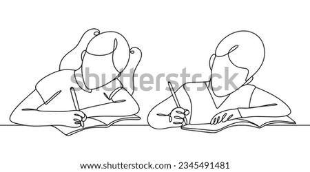 Boy and girl write in notebooks. The students are learning to write. School lesson. Education Freedom Day. One line drawing for different uses. Vector illustration.