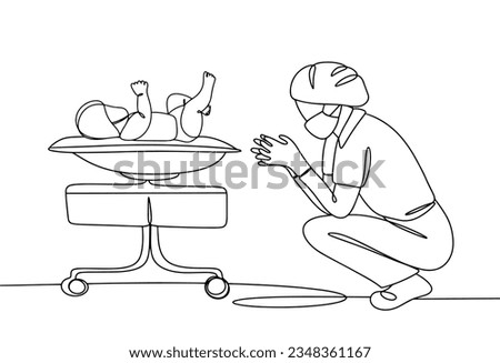A neonatologist sits near a newborn baby. The doctor takes care of providing high-quality and safe medical care to the child. World Patient Safety Day. One line drawing for different uses. Vector illu