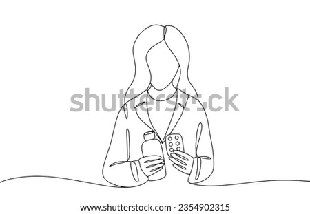 A woman pharmacist holds medicines in her hands. Proper selection of medicines. World Pharmacists Day. One line drawing for different uses. Vector illustration.