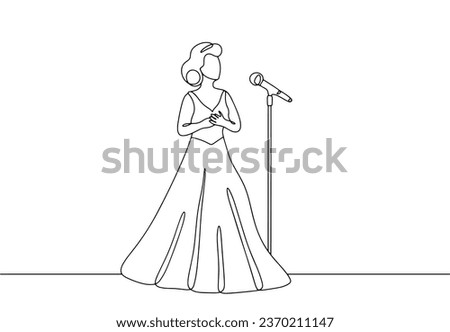 An opera singer sings into a microphone. Musical art form. World Opera Day. One line drawing for different uses. Vector illustration.