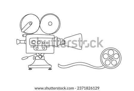 Movie camera and film strip. Equipment for filming. World Day for Audiovisual Heritage. One line drawing for different uses. Vector illustration.