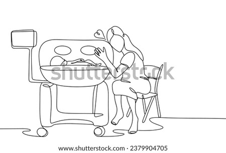 A mother lovingly hugs the incubator in which her premature baby lies. Saving a baby's life. World Prematurity Day. One line drawing for different uses. Vector illustration.