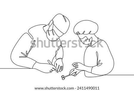 The surgeon performs the operation together with the operating nurse who assists him. Working in the operating room. Vector. Images produced without the use of any form of AI software at any stage. 