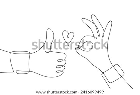 Hands show ok and thumbs up gesture. Gestures of approval and support. Compliment to a person. Vector illustration. Images produced without the use of any form of AI software at any stage. 