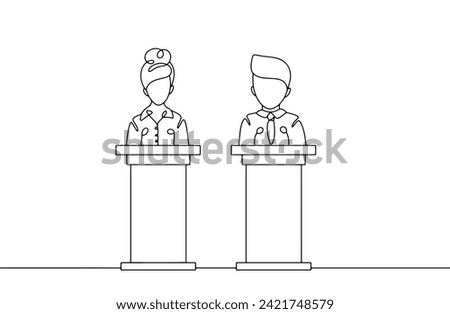 A man and a woman make a speech standing behind a podium. Oratory. World Speech Day. Images produced without the use of any form of AI software at any stage. 