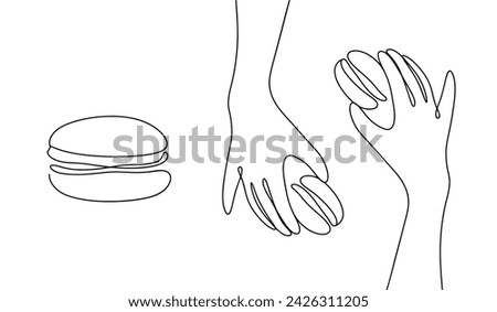 Two hands extend macarons to each other. Delicious treat. Vector illustration. National Macaron Day. Images produced without the use of any form of AI software at any stage. 
