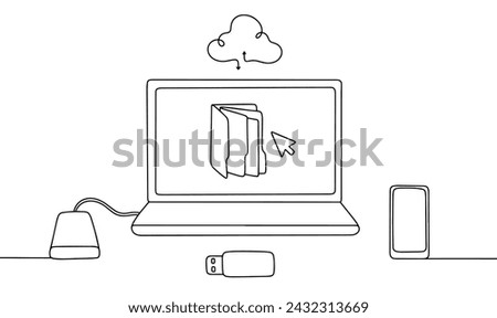 Laptop, flash drive, smartphone and external hard drive. Methods for storing and transferring information between devices. Backup. Vector. Images produced without the use of any form of AI.