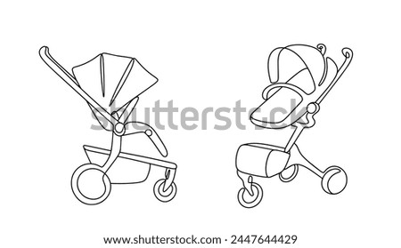 A stroller that folds easily when needed. A device for sitting a small child while walking. Simple line illustration.