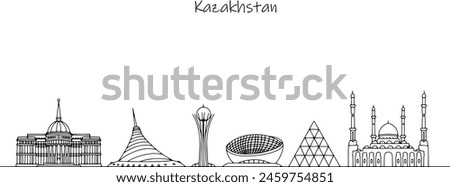 Street landscape of Kazakhstan. Creative buildings of the republic located in Eurasia. Hand drawn vector for tourism use.