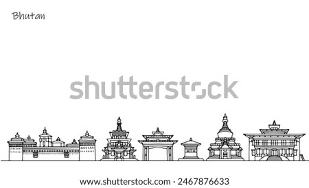 Panorama of the streets of Bhutan. Architecture and buildings that attract tourists. Kingdom culture in Asia. Isolated vector on white background.