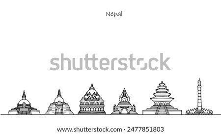 Nepal cityscape. Beautiful buildings and sights of the Asian country. Isolated vector on white background.