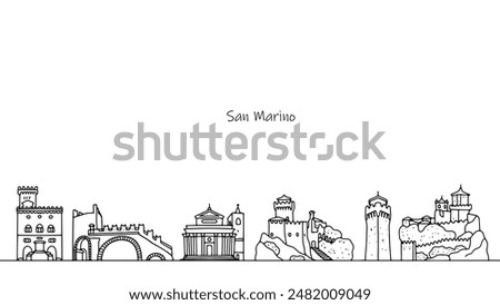 Impressive architecture of the streets of San Marino. Buildings of cultural, historical and tourist significance. Hand-drawn buildings and structures. Vector.