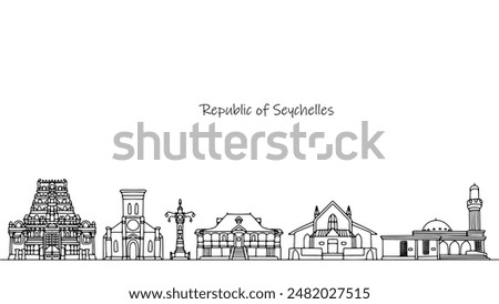 Tourist places and architectural monuments that attract tourists to the Seychelles. Panorama of the streets of the island state. Vector illustration.