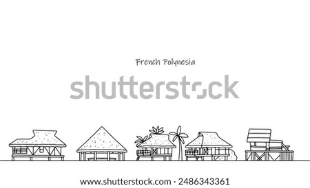 Panorama of the streets of French Polynesia. Cityscape of an overseas community in the form of beautiful buildings and architecture. A simple black and white illustration for grooved applications.