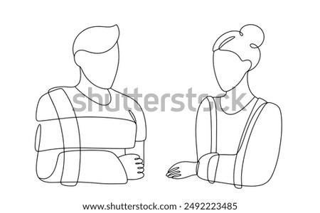 A man and a woman with an orthosis that fixes the arm motionless. Treatment of fractures in the elbow area. Fixing bandage for proper fusion of bones. Vector.