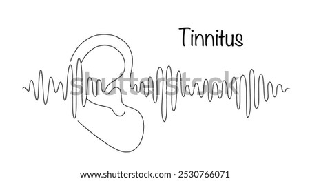 Tinnitus. A symptom characterized by the presence of acoustic sensations in the patient in the absence of a sound source. Line drawn ear and sound wave. Vector illustration.