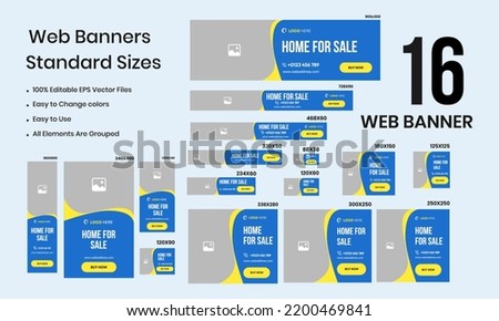 Real Estate web banner design template Sets. Home for sale Square banners with standard sizes and places for photos. Vector design EPS, horizontal, vertical banner