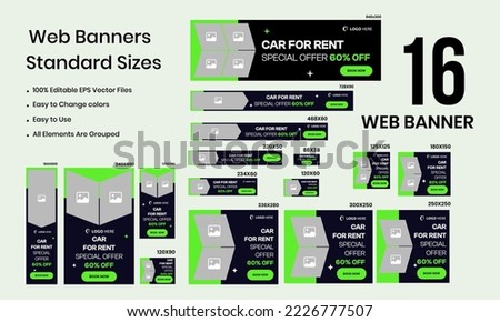 Rent Car web bundle banners of standard size with a place for photos. Vertical, horizontal, and square templates. Vector EPS