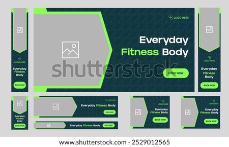 Creative fitness web bundle banner design for social media post, body fitness web standard banner design, daily wellness training web banner design, fully editable vector eps 10 file format