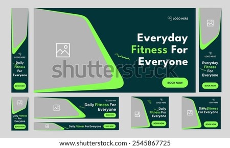 Daily body fitness web set banner design for social media post,  everyday workout plan web bundle banner design, customizable vector eps 10 file format