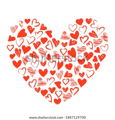 Valentine's Day holiday decorations. A heart consisting of small hand-drawn red hearts of different shapes, lines and fill. Set of love symbols for wedding, date, gift, postcard, wife, girlfriend