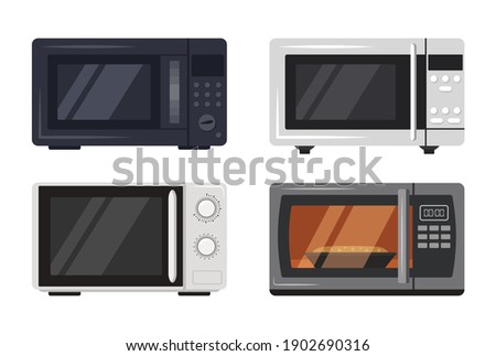 Microwave oven icons set. Front view of kitchen appliances. Vector flat colour illustration isolated on white background