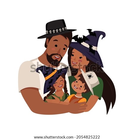 Happy Latin family in costumes for Halloween. Dad, mom, daughter and son in witch hats for the autumn carnival. People with dark skin and black hair hug