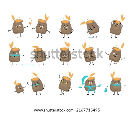 Cute sack of wheat and ear character with happy or sad emotions, panic, loving or brave face, hands and legs. Cereal crop with mask, glasses or hat. Vector flat illustration 