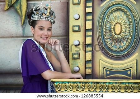 LAS PALMAS, SPAIN - FEBRUARY 2: Carnival\'s queen Giovanna Lee Alfonso, 17 years old, from Canary Islands posing for media during press meeting on February 2, 2013 in Las Palmas, Spain.
