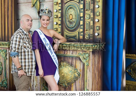 LAS PALMAS, SPAIN - FEBRUARY 2: Queen Giovanna Lee Alfonso (r) and designer Willie Diaz (l), both from Canary Islands posing for media during press meeting on February 2, 2013 in Las Palmas, Spain.