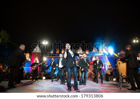 LAS PALMAS, SPAIN - FEBRUARY 28: The band Medley Latino from Canary Islands, onstage during carnival Queens Gala onstage on February 28, 2014 in Las Palmas, Spain.