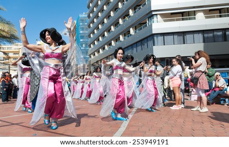 CANARY ISLAND, SPAIN - FEBRUARY 17, 2015:Unidentified girls from Dance School Oriental Dayma Naima during city of Las Palmas carnival One Thousand and One Nights opening show to Body Painting Contest.