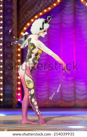 CANARY ISLAND, SPAIN - FEBRUARY 17, 2015: Elizabeth Garcia Trujillo onstage during city of Las Palmas carnival One Thousand and One Nights Body Painting Contest.