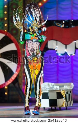CANARY ISLAND, SPAIN - FEBRUARY 17, 2015: Idaira Bujeda Molina onstage during city of Las Palmas carnival One Thousand and One Nights Body Painting Contest.